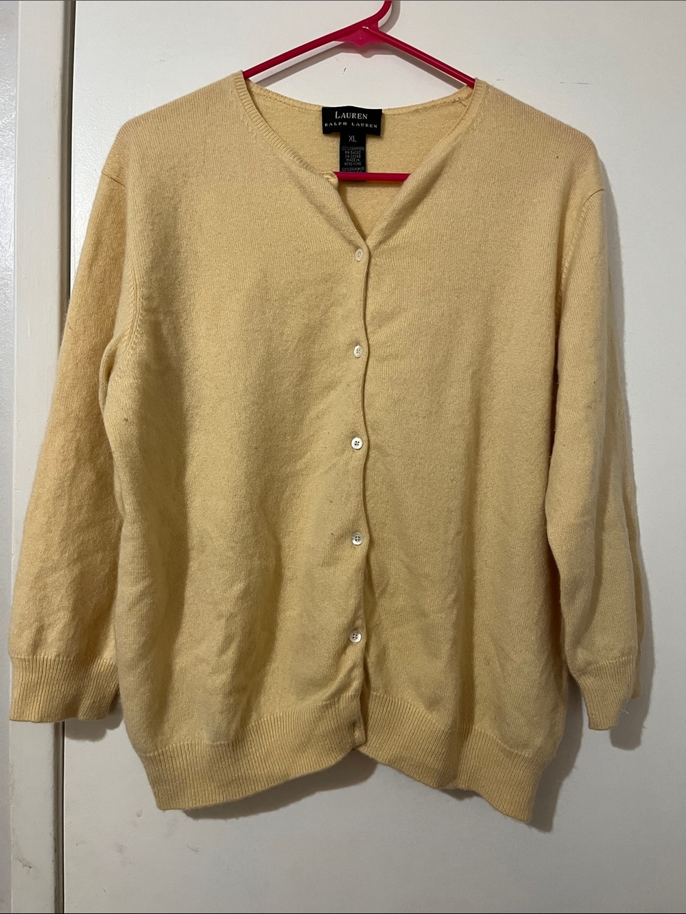 Ralph Lauren Yellow V-Neck Button Cardigan 100% Cashmere